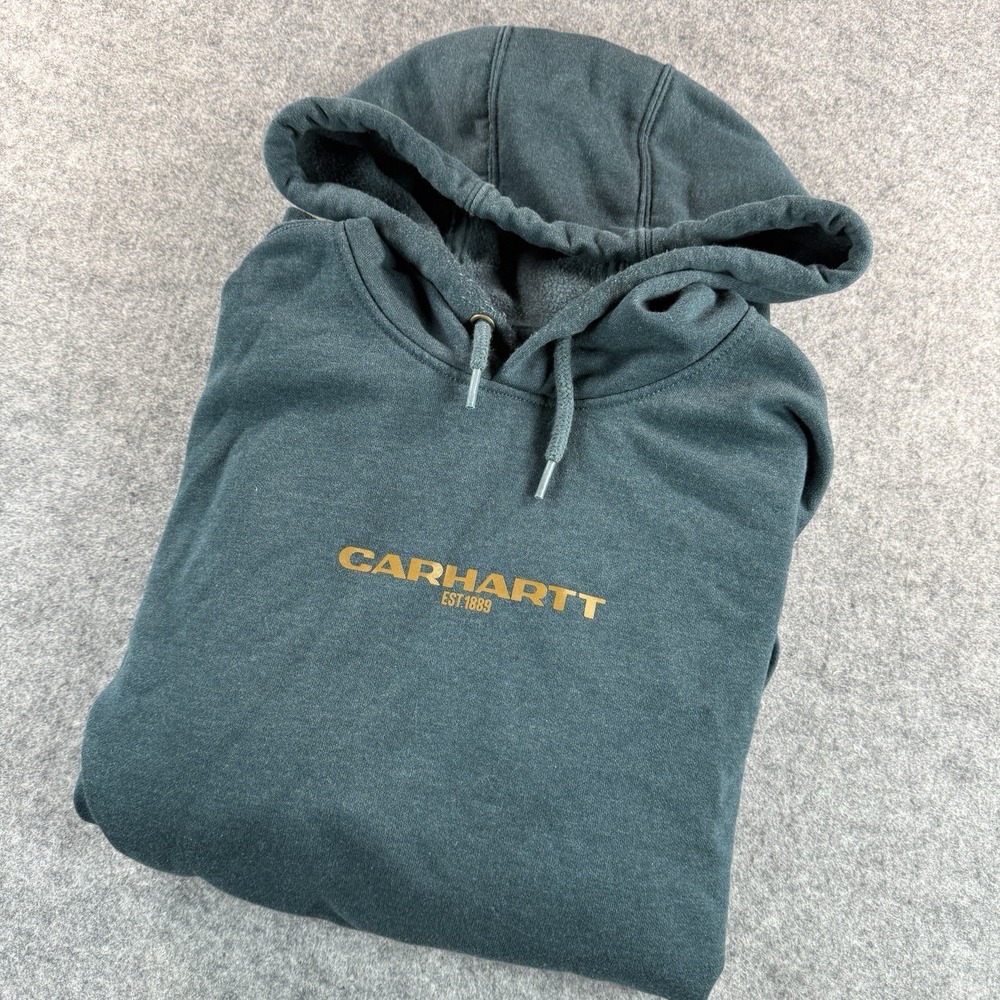 Carhartt Hoodie Sweatshirt Mens L Rain Defender Teal Spellout Logo Loose Fit